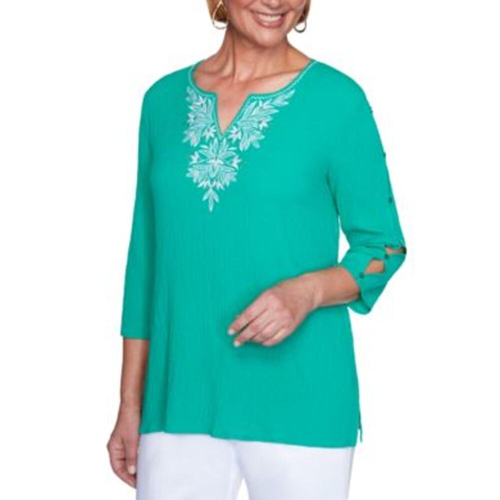 Alfred Dunner Cold Shoulder Tunic Blouse Top Split Neck Green Women's Si…